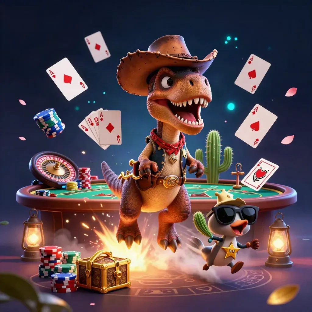 Cowboy T-Rex, cactus sidekick, and roadrunner burst through casino props in a neon-lit key art scene.