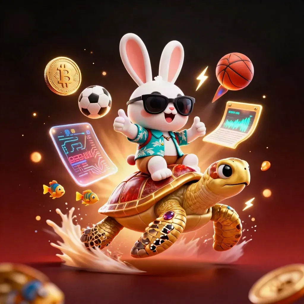 Lucky rabbit rides a gold sea turtle amid coins, sports balls, neon sparks, and casino glow.