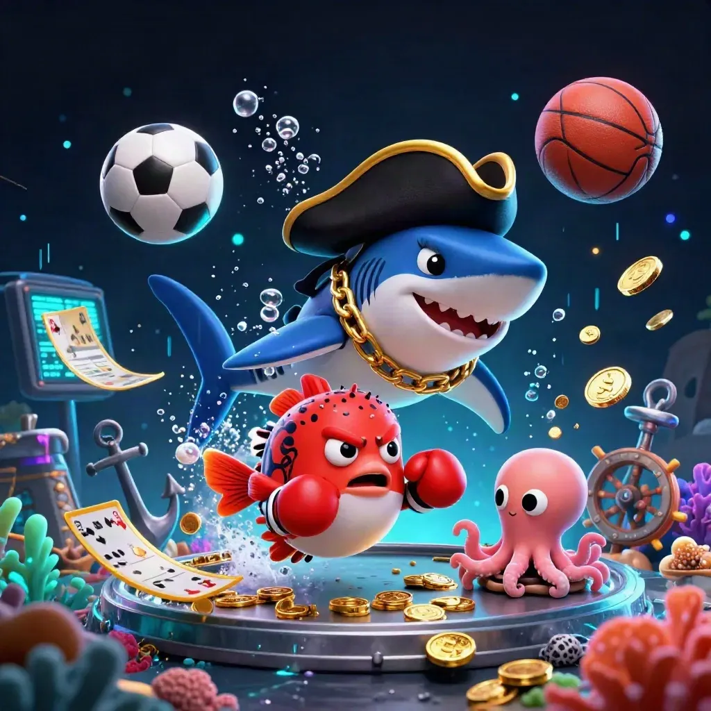 Shark captain, pufferfish boxer and baby octopus amid coins, balls and neon treasure glow.