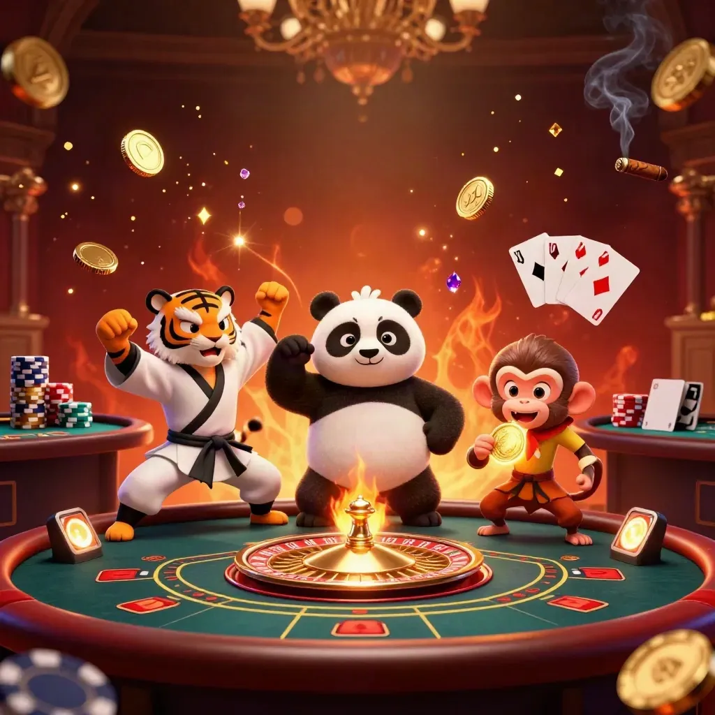 Kung-fu tiger, panda, and monkey amid casino gold, roulette, chips, cards, and glowing lights