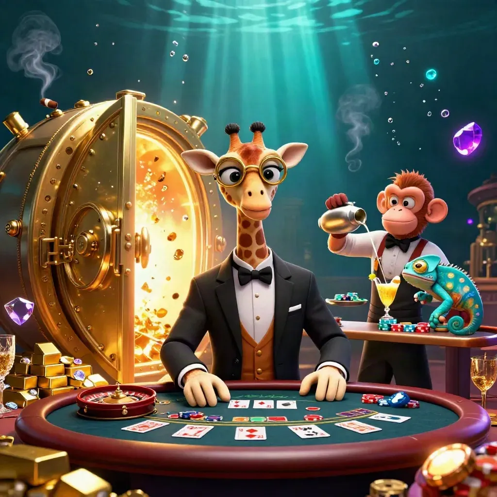 Giraffe high-roller, monkey valet, and chameleon bartender in a glowing luxury casino tableau.