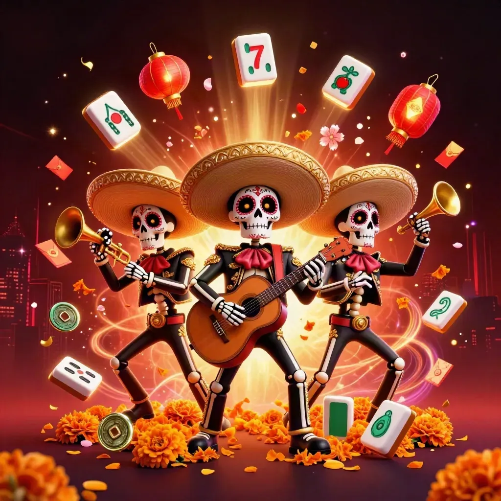 Three skeleton mariachi heroes amid neon casino treasures, fireworks, and teal glow.