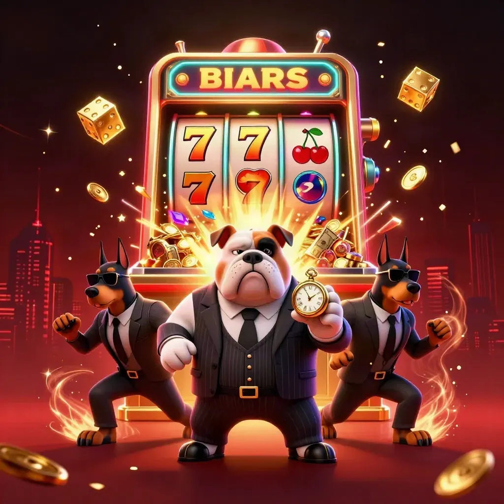 Mobster bulldog and two Dobermans amid exploding gold, slot icons, and casino magic