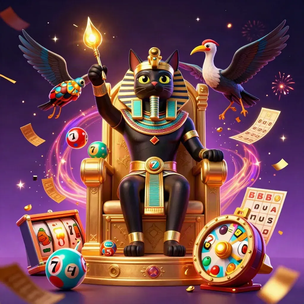 Pharaoh cat on a golden throne with ibis scribe, scarabs, and casino symbols in neon glow.