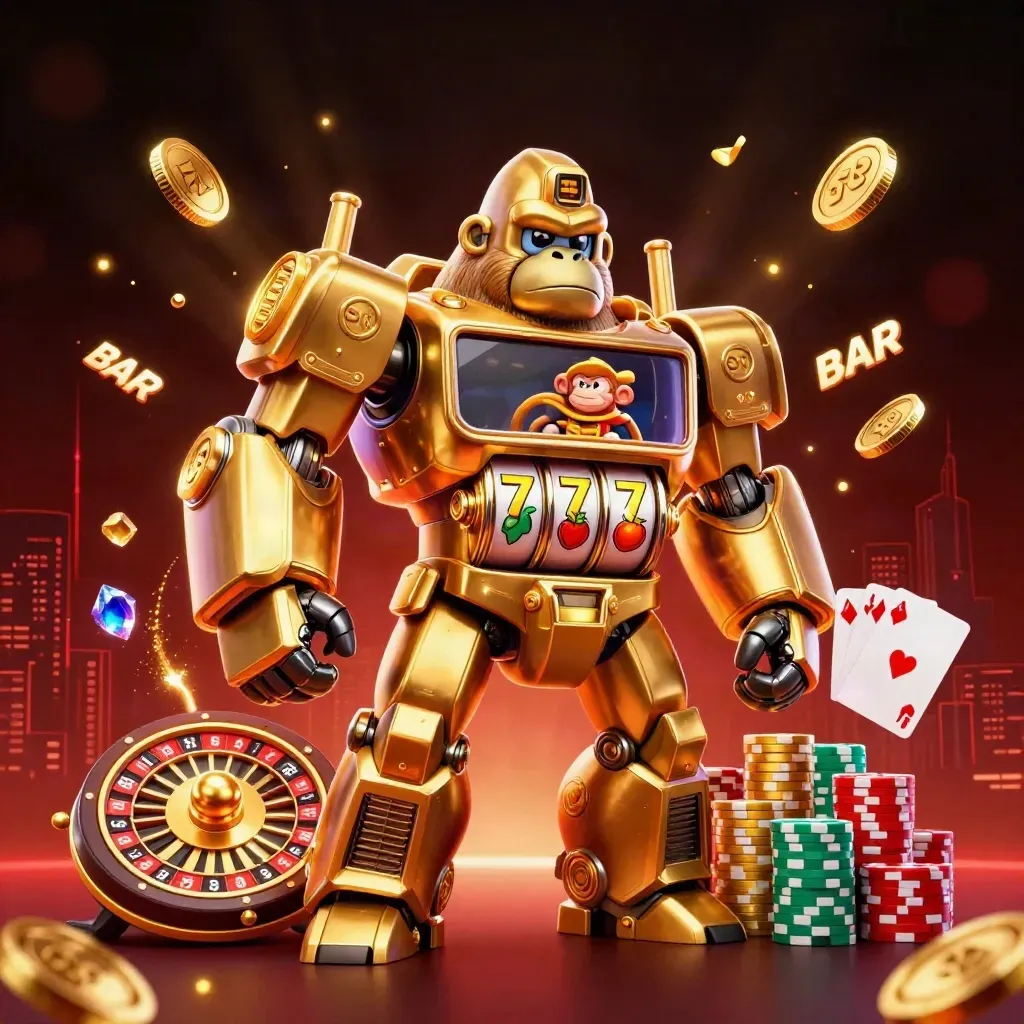 Golden gorilla mech with monkey pilot amid casino bursts, coins, roulette wheel, chips, and glowing teal accents.